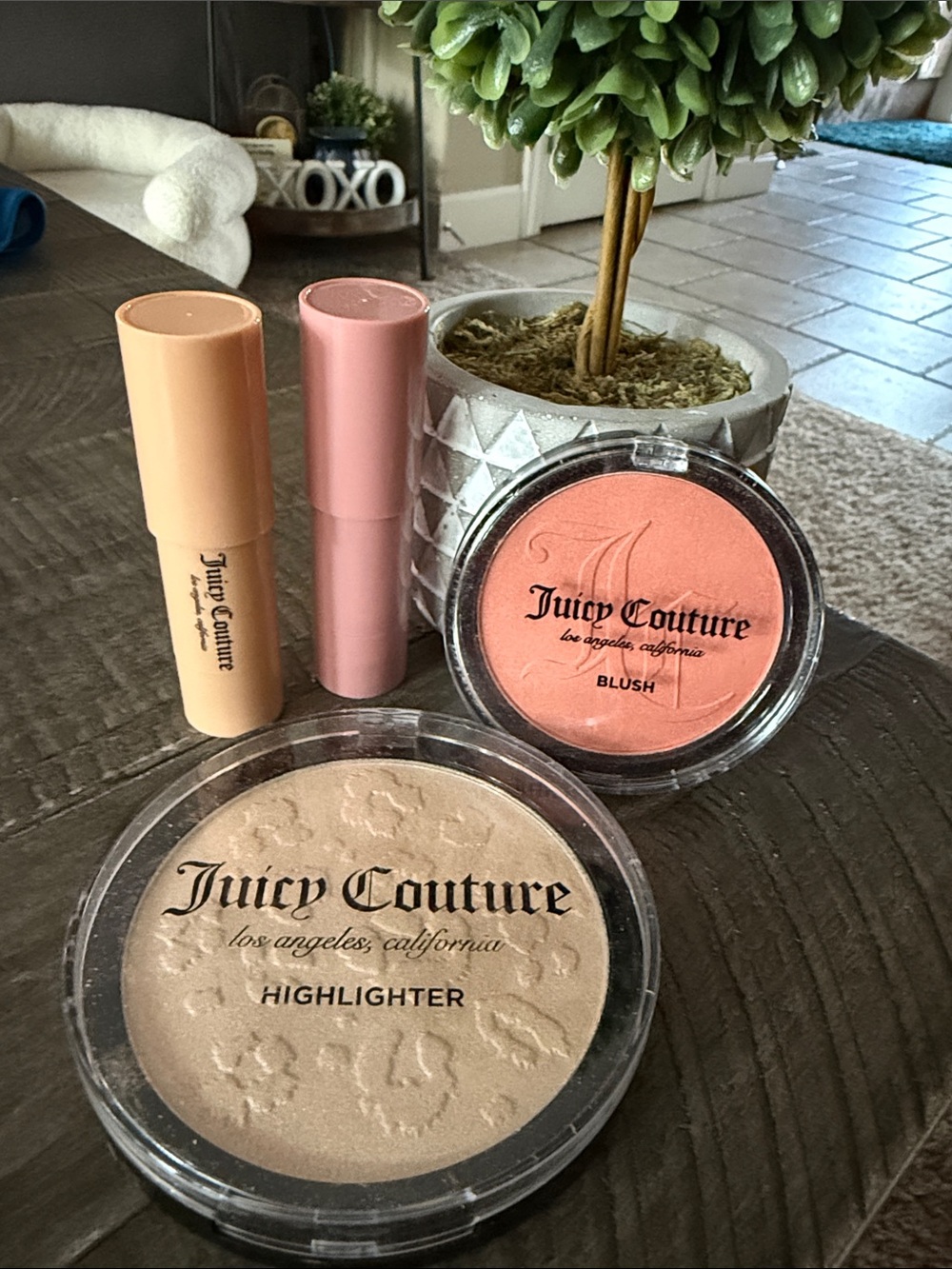 Juicy Couture Peach Blush & Champagne Highlighter Set with Pink & Nude Lipsticks
